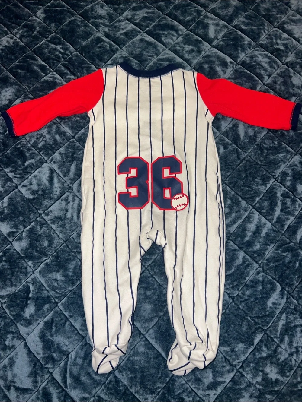 Carter's Baseball Themed White Navy Pinstripe Footed One-Piece with Red Sleeves